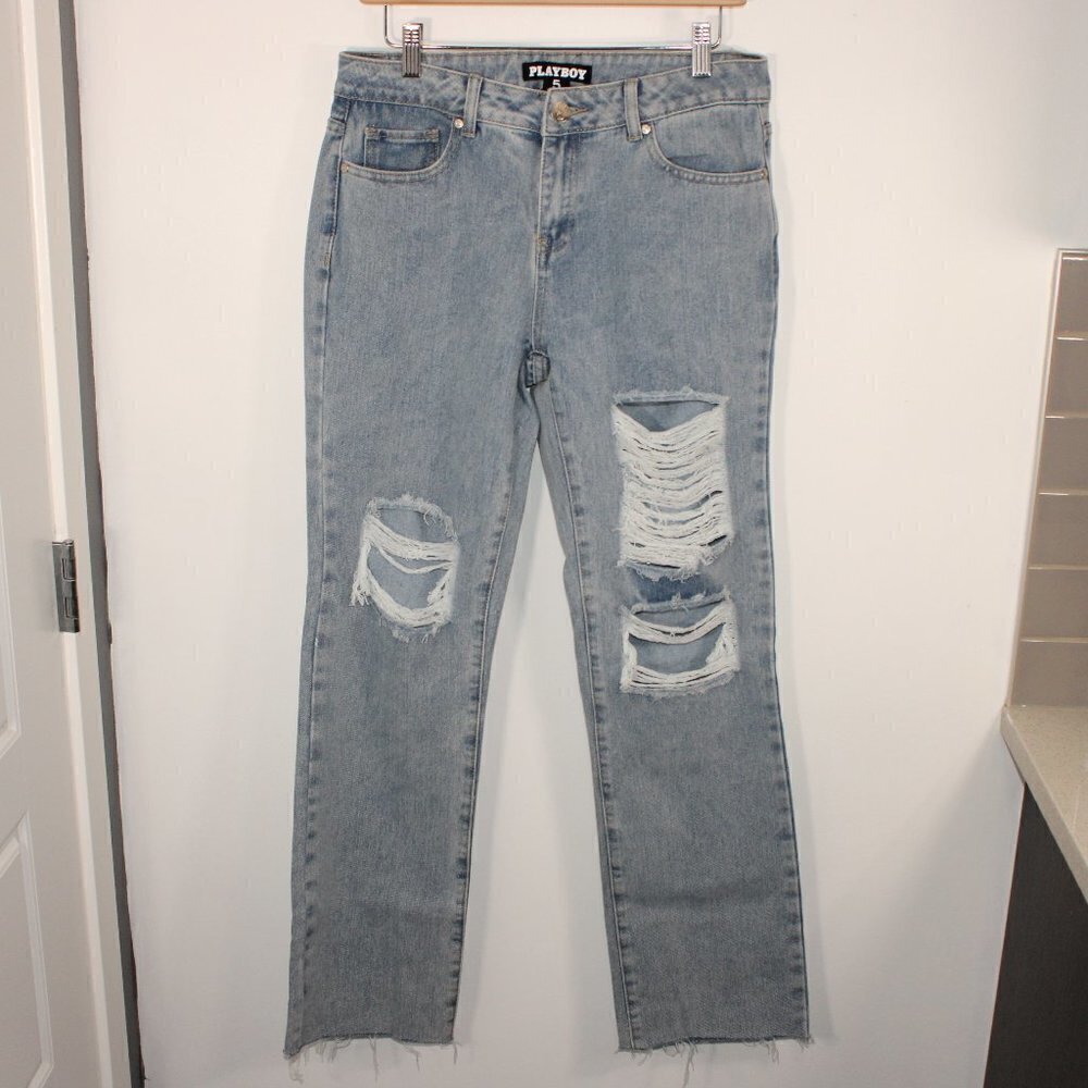 Playboy Distressed Straight Leg Jeans Light Wash Pink Bunny Logo Size‎ 5